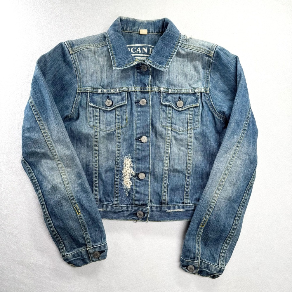American Eagle Denim Jacket Womens Medium Blue Distressed Cropped Trucker Coat